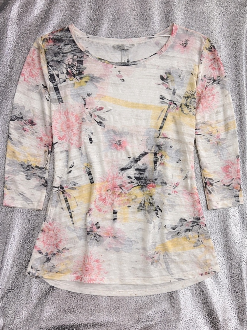 Large Christopher & Banks White Floral Long-Sleeve Scoop Neck Top